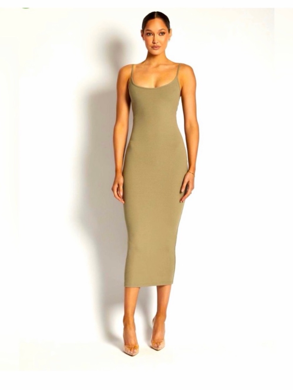 Meshki Olive Scoop Neck Bodycon Midi Dress